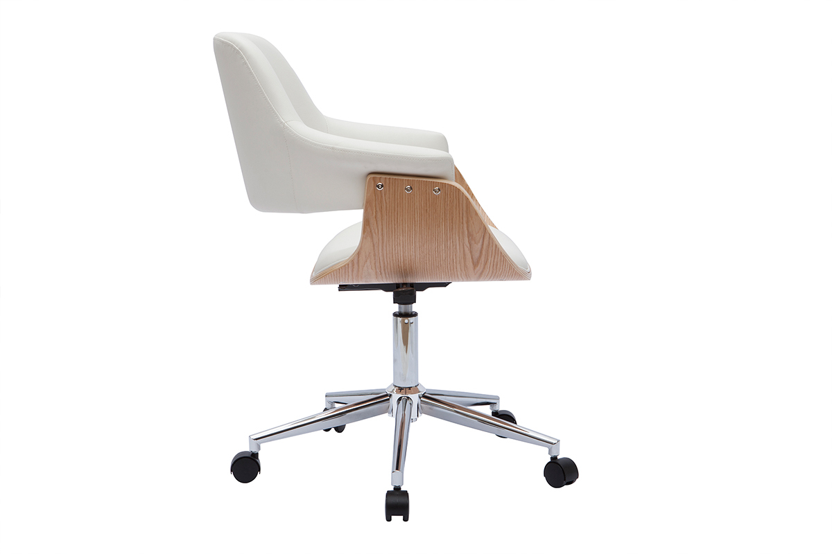 Chaise de bureau � roulettes design blanc, bois clair et acier chrom� HANSEN