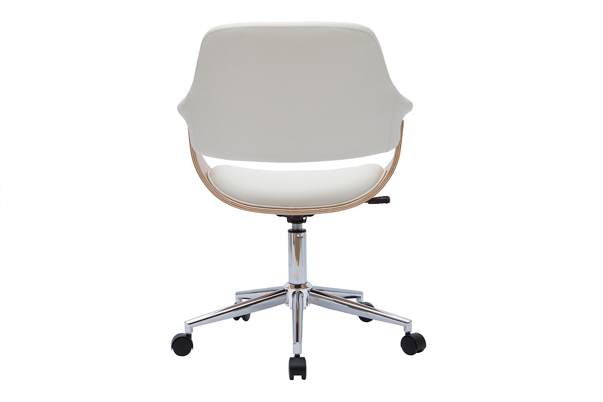 Chaise de bureau � roulettes design blanc, bois clair et acier chrom� HANSEN