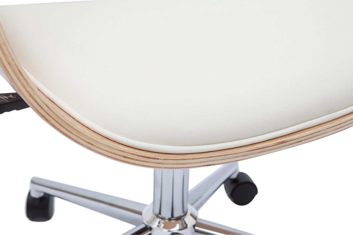 Chaise de bureau � roulettes design blanc, bois clair et acier chrom� HANSEN