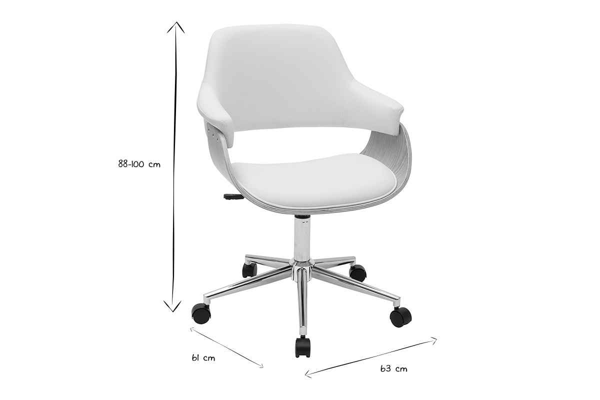 Chaise de bureau � roulettes design blanc, bois clair et acier chrom� HANSEN
