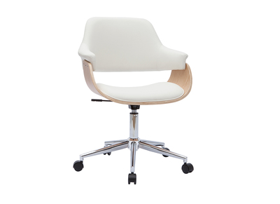 Chaise de bureau &agrave; roulettes design blanc, bois clair et acier chrom&eacute; HANSEN