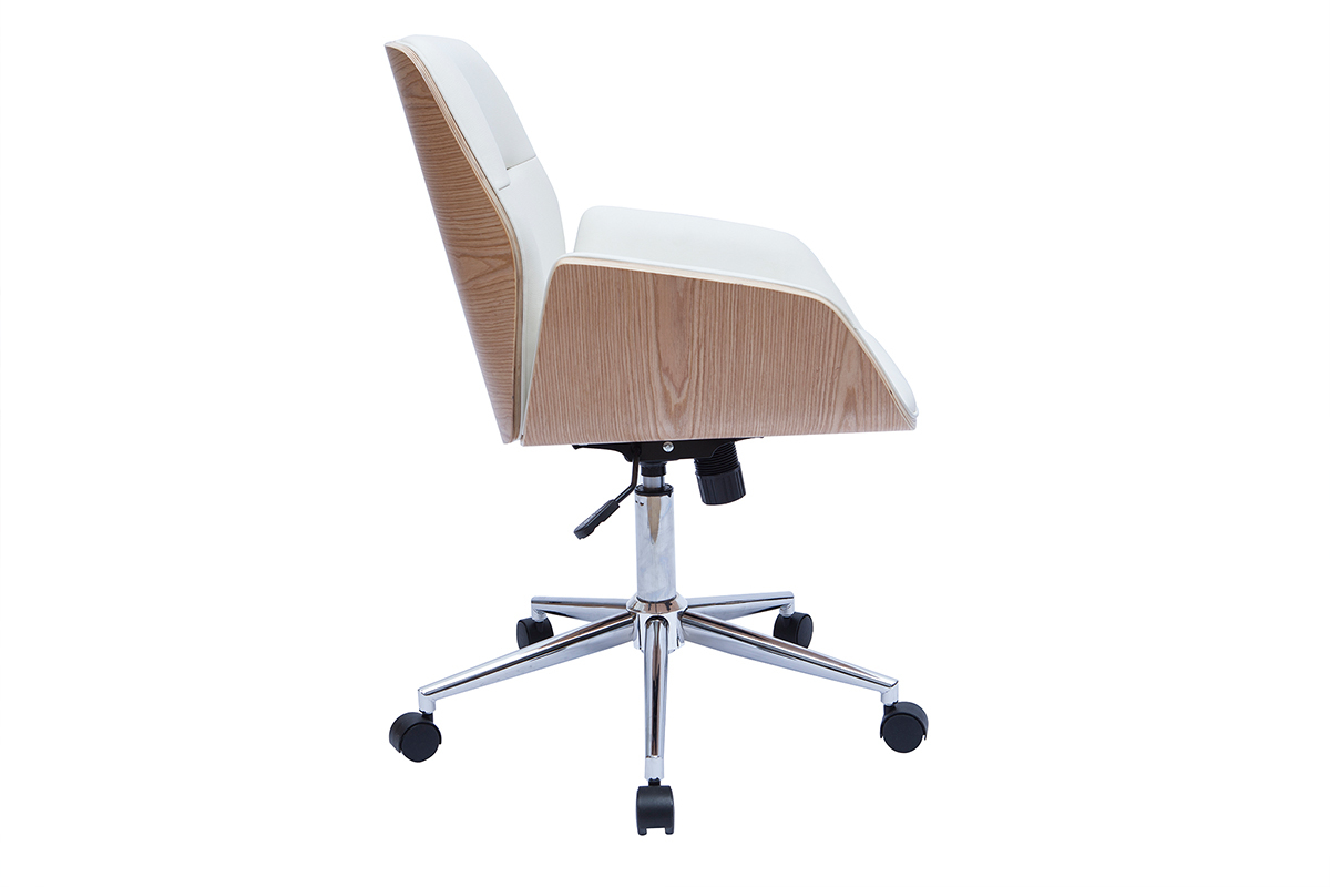 Chaise de bureau � roulettes design blanc, bois clair et acier chrom�  MARLOW