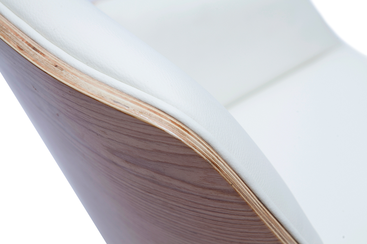 Chaise de bureau � roulettes design blanc, bois clair et acier chrom�  MARLOW