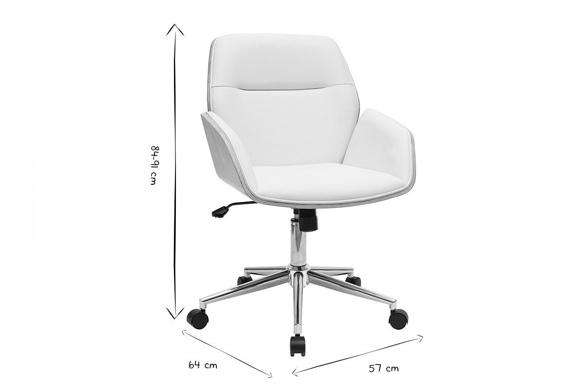 Chaise de bureau � roulettes design blanc, bois clair et acier chrom�  MARLOW