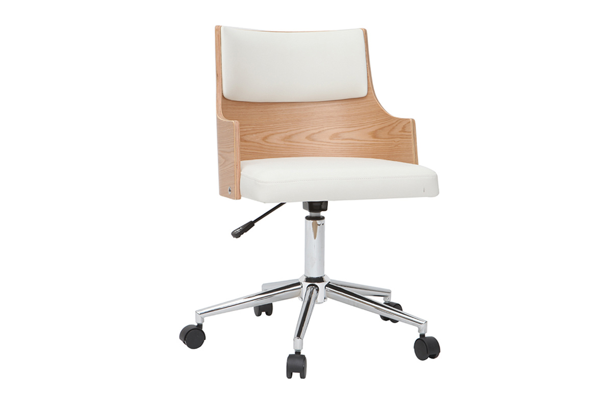 Chaise de bureau � roulettes design blanc, bois clair et acier chrom� MAYOL
