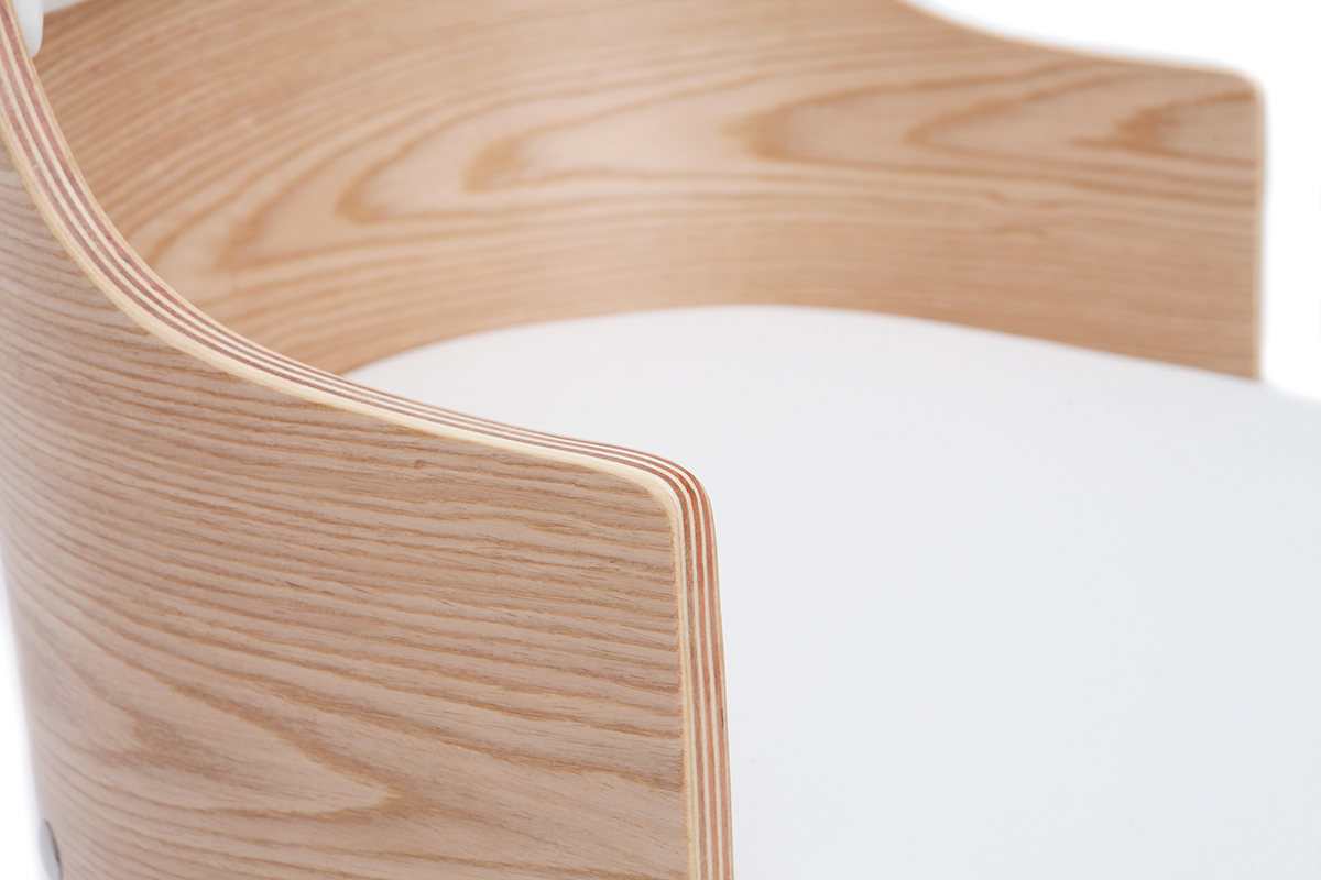 Chaise de bureau � roulettes design blanc, bois clair et acier chrom� MAYOL