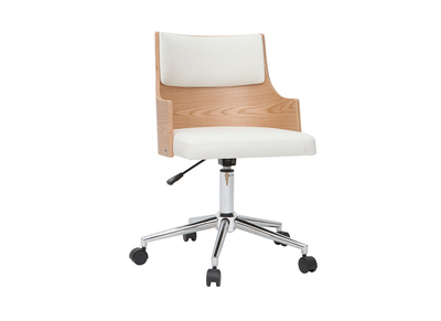 Chaise de bureau &agrave; roulettes design blanc, bois clair et acier chrom&eacute; MAYOL