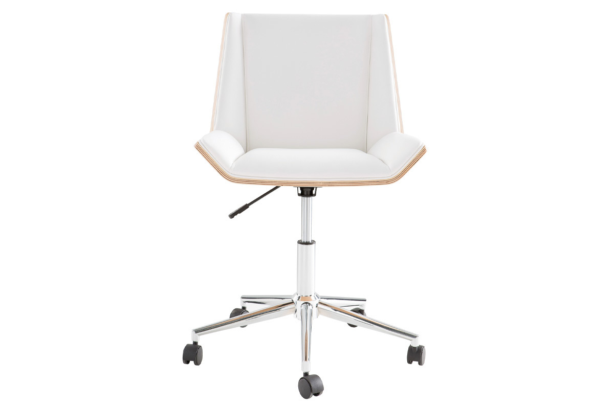 Chaise de bureau � roulettes blanche, vue de face, bois clair et acier chrom�