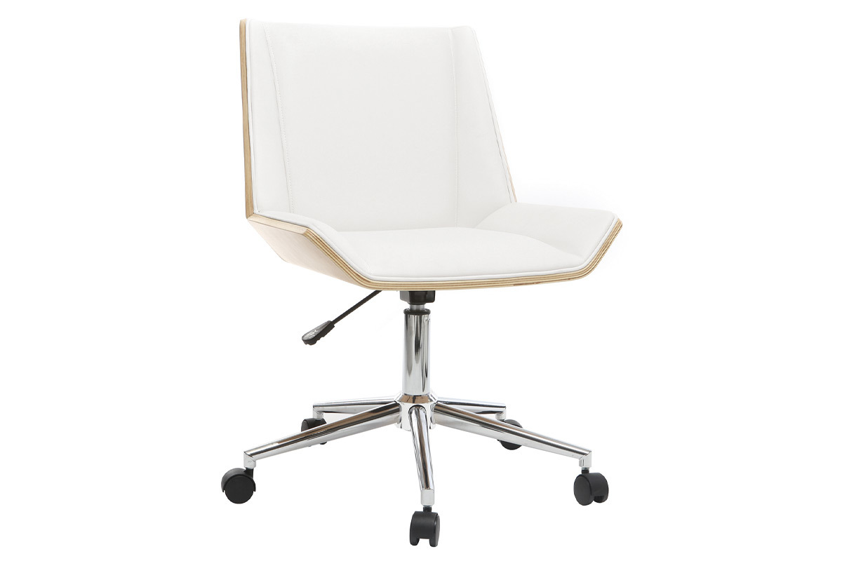 Chaise de bureau � roulettes blanche avec bois clair et acier chrom�, vue de 3/4.