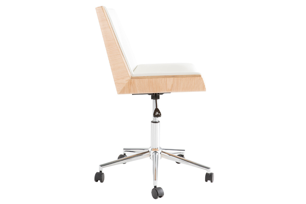 Chaise de bureau � roulettes vue de profil, assise blanche, bois clair et acier chrom�.