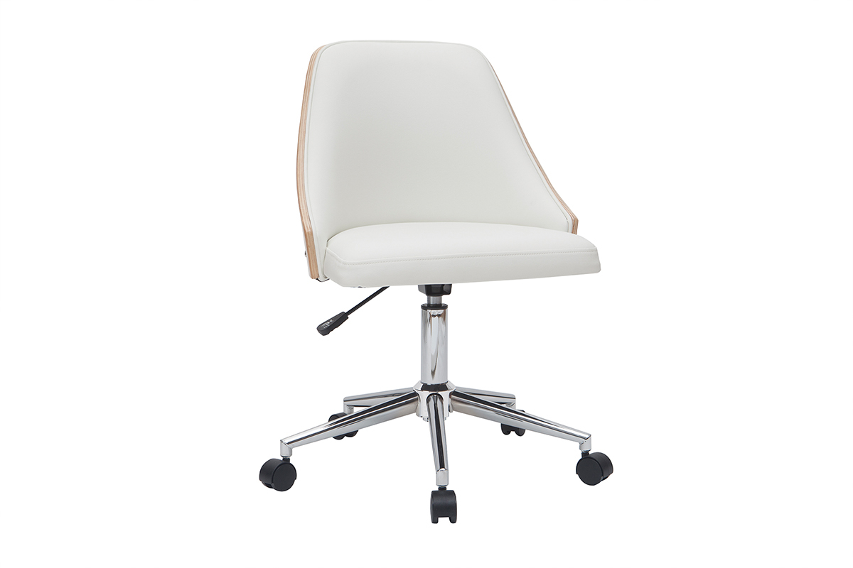 Chaise de bureau � roulettes design blanc, bois clair et acier chrom� QUINO