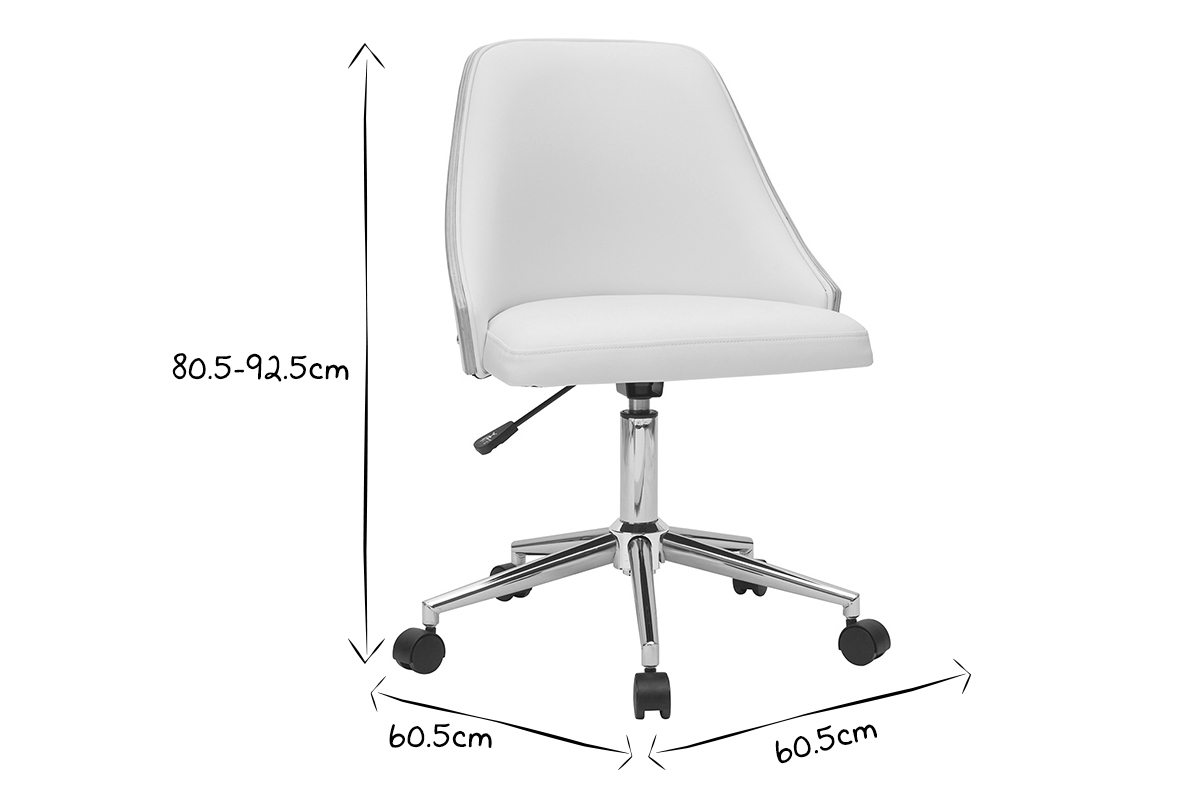 Chaise de bureau � roulettes design blanc, bois clair et acier chrom� QUINO