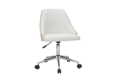 Chaise de bureau &agrave; roulettes design blanc, bois clair et acier chrom&eacute; QUINO