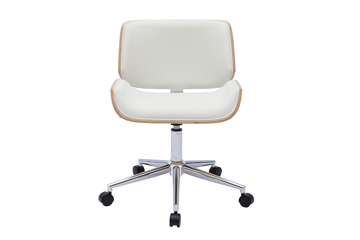 Chaise de bureau � roulettes design blanc, bois clair et acier chrom� RUBBENS