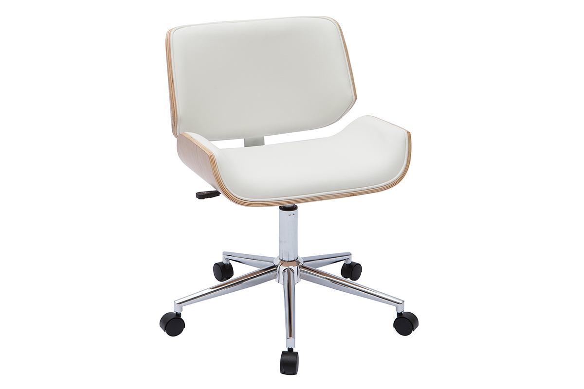 Chaise de bureau � roulettes design blanc, bois clair et acier chrom� RUBBENS