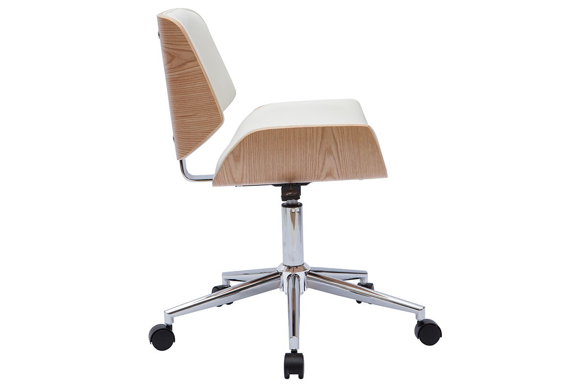 Chaise de bureau � roulettes design blanc, bois clair et acier chrom� RUBBENS