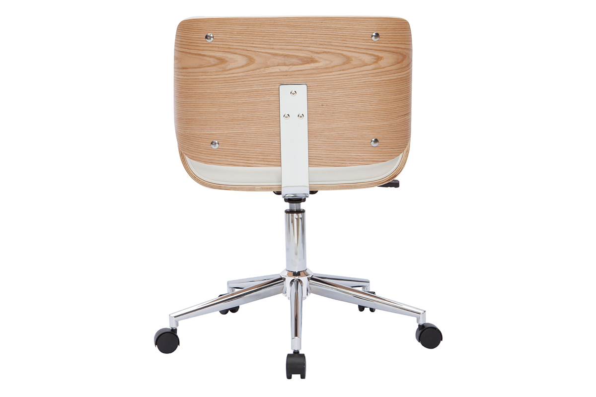 Chaise de bureau � roulettes design blanc, bois clair et acier chrom� RUBBENS