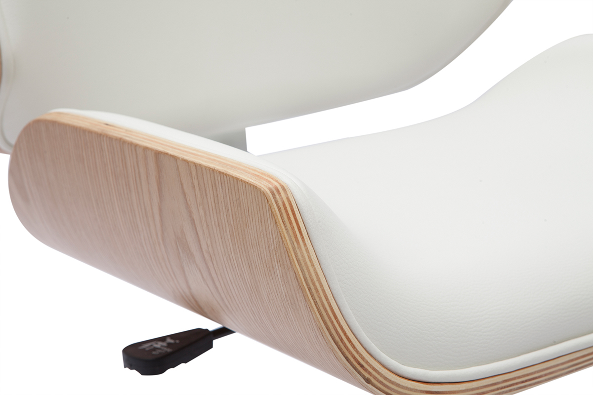 Chaise de bureau � roulettes design blanc, bois clair et acier chrom� RUBBENS