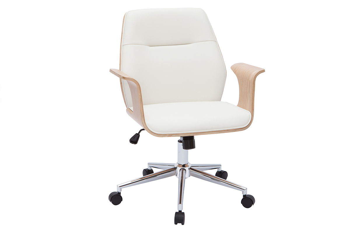 Chaise de bureau � roulettes design blanc, bois clair et acier chrom� RUFIN