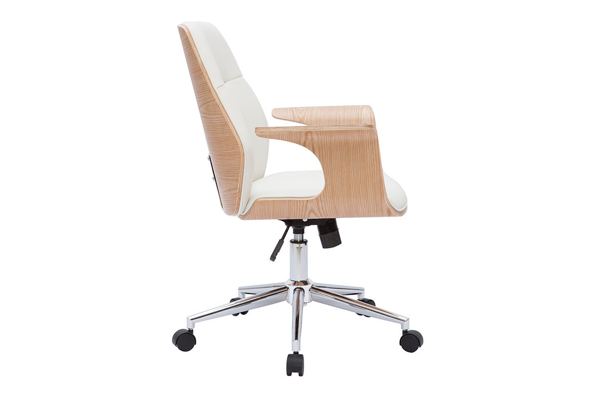 Chaise de bureau � roulettes design blanc, bois clair et acier chrom� RUFIN