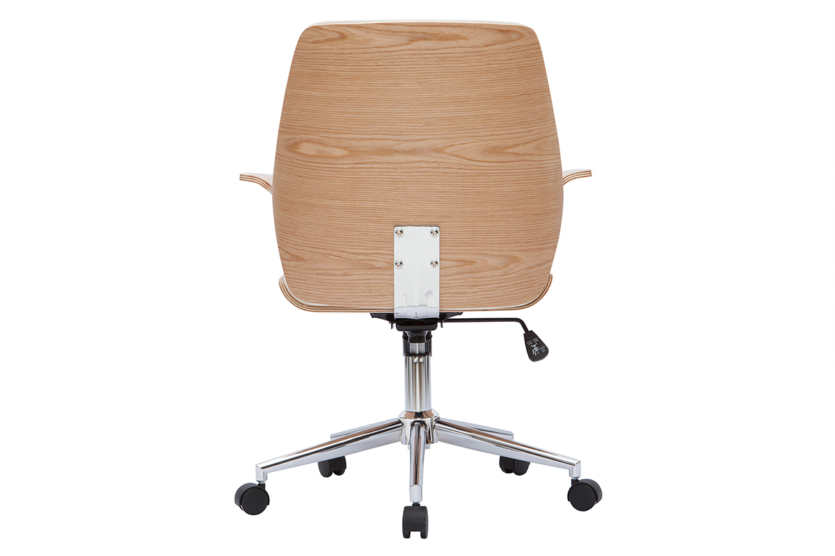Chaise de bureau � roulettes design blanc, bois clair et acier chrom� RUFIN