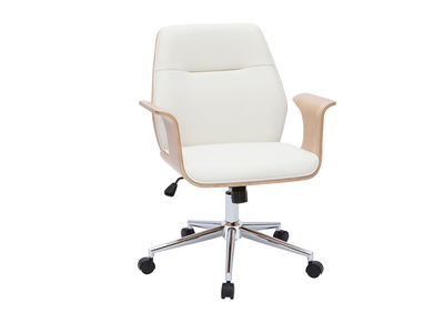 Chaise de bureau &agrave; roulettes design blanc, bois clair et acier chrom&eacute; RUFIN