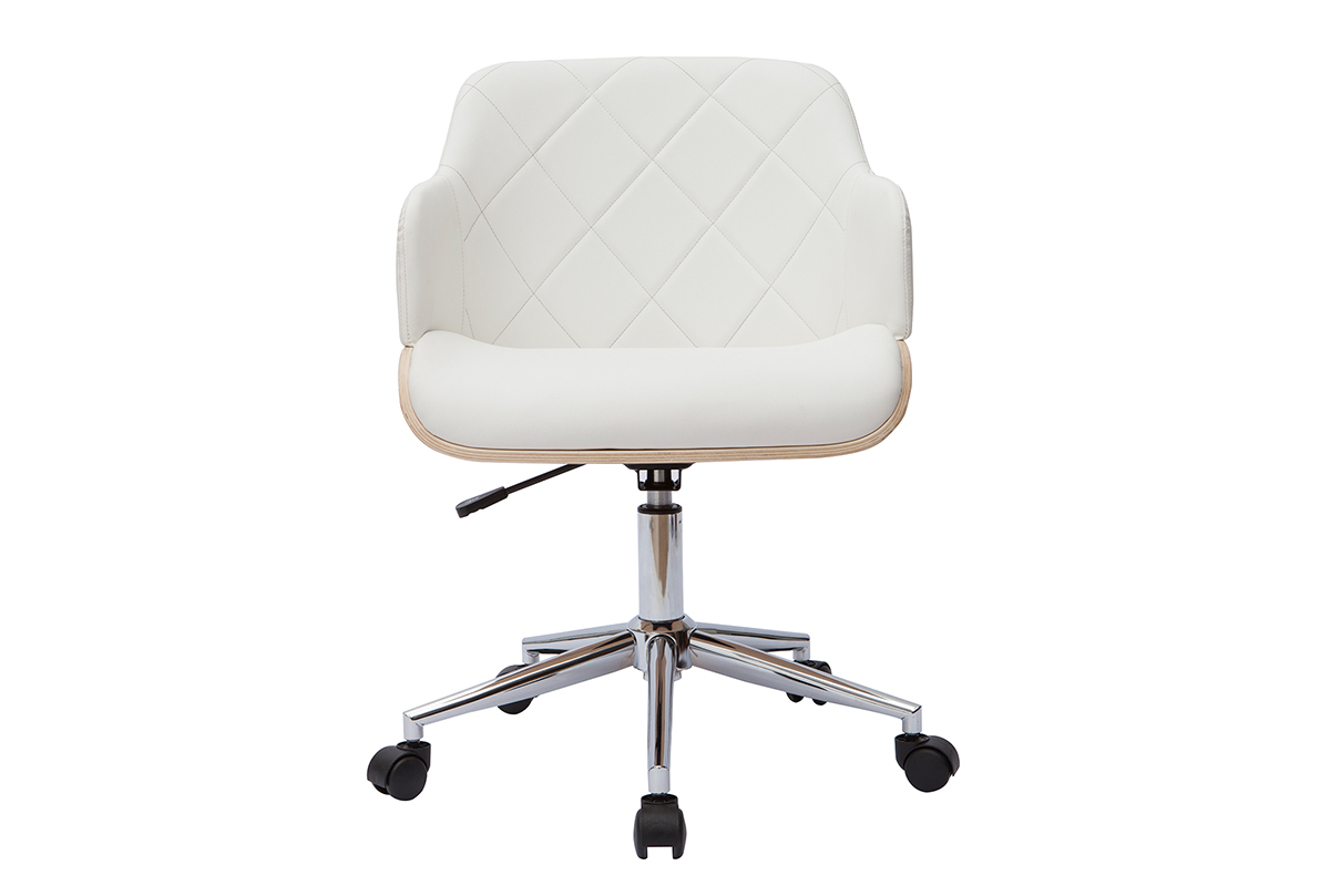 Chaise de bureau � roulettes design blanc, bois clair et acier chrom� SANDRO
