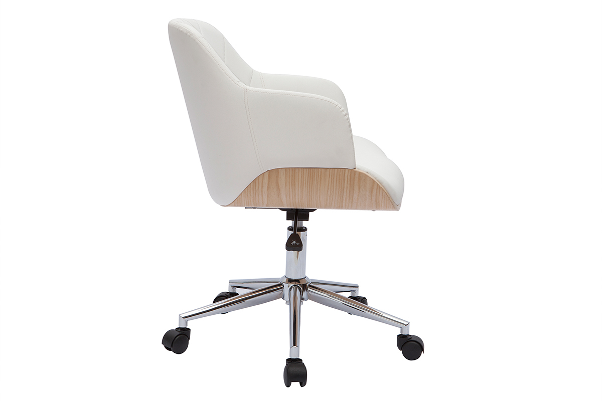 Chaise de bureau � roulettes design blanc, bois clair et acier chrom� SANDRO