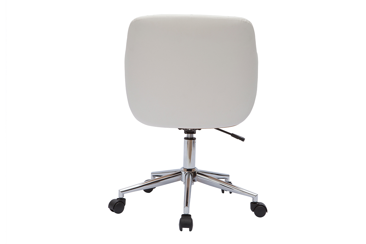 Chaise de bureau � roulettes design blanc, bois clair et acier chrom� SANDRO