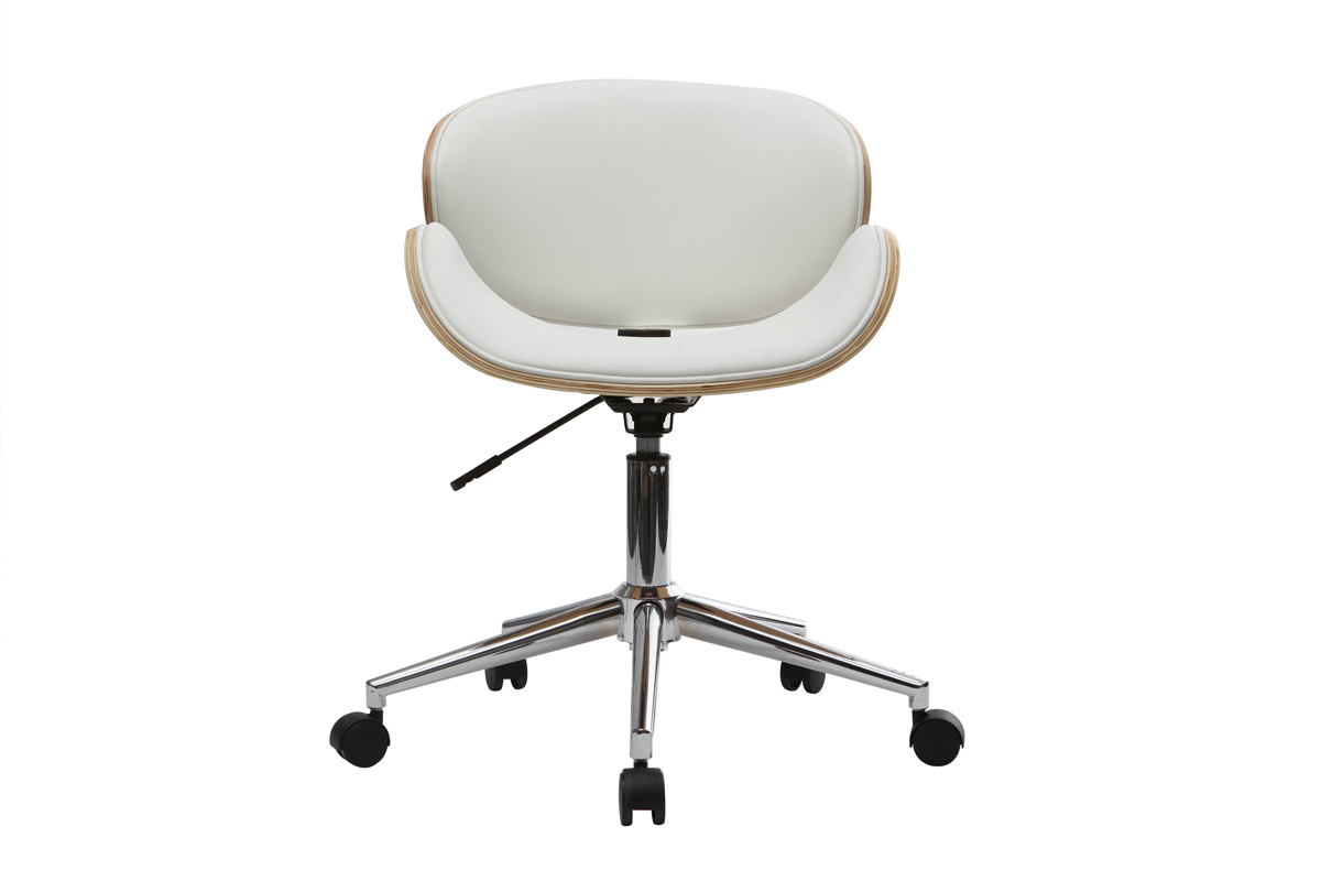 Chaise de bureau � roulettes design blanc, bois clair et acier chrom� WALNUT