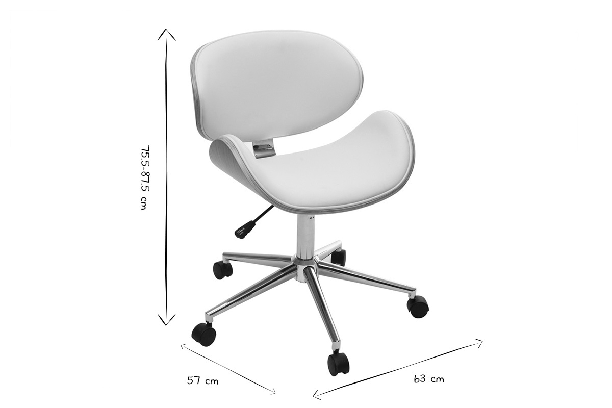 Chaise de bureau � roulettes design blanc, bois clair et acier chrom� WALNUT