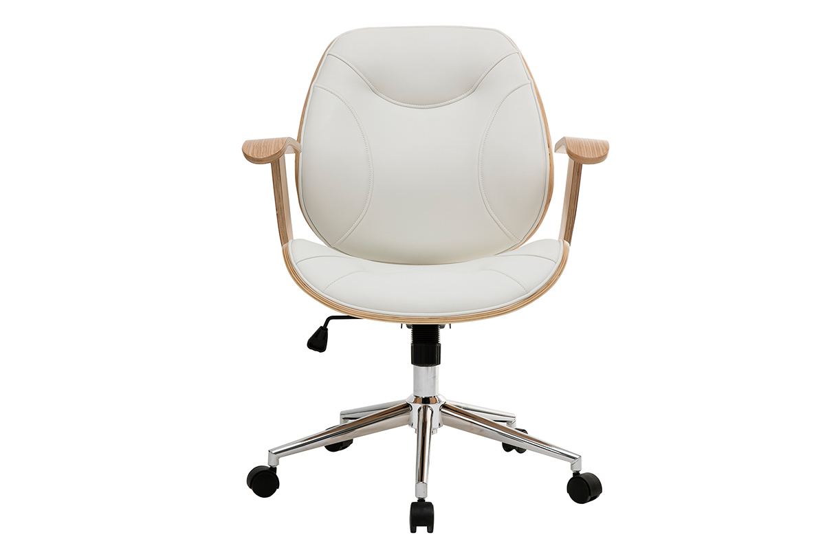 Chaise de bureau � roulettes design blanc, bois clair et acier chrom� YORKE