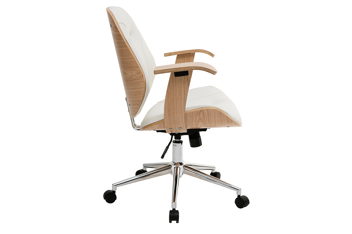 Chaise de bureau � roulettes design blanc, bois clair et acier chrom� YORKE