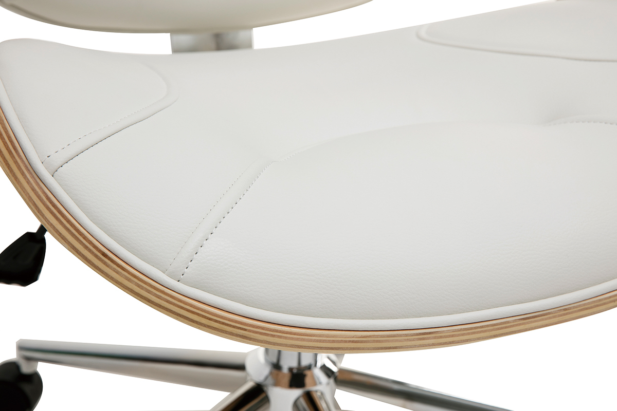 Chaise de bureau � roulettes design blanc, bois clair et acier chrom� YORKE