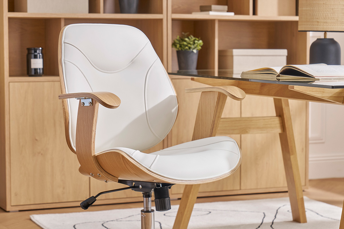 Chaise de bureau � roulettes design blanc, bois clair et acier chrom� YORKE