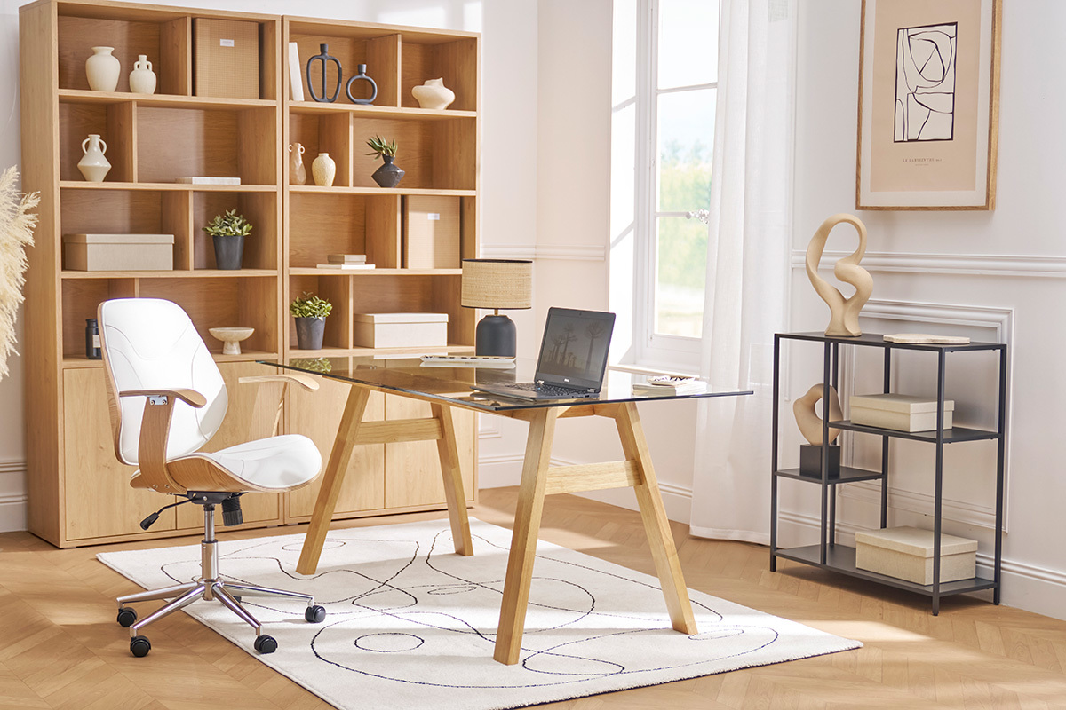 Chaise de bureau � roulettes design blanc, bois clair et acier chrom� YORKE