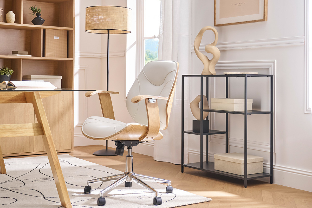 Chaise de bureau � roulettes design blanc, bois clair et acier chrom� YORKE