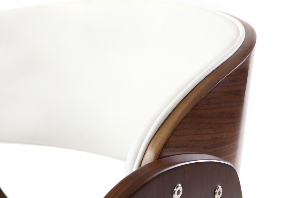 Chaise de bureau � roulettes design blanc, bois fonc� noyer et acier chrom� BENT