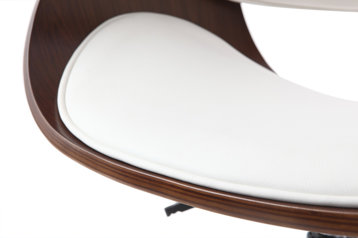 Chaise de bureau � roulettes design blanc, bois fonc� noyer et acier chrom� BENT