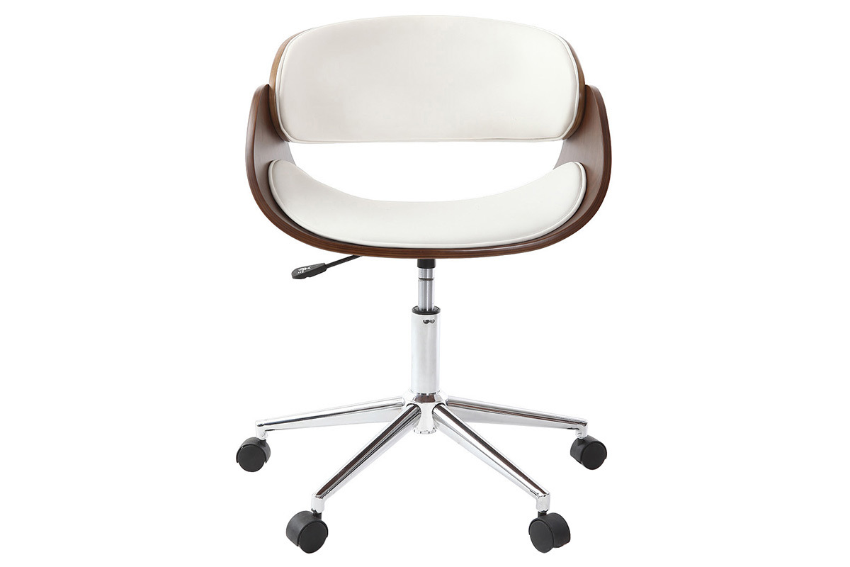 Chaise de bureau � roulettes design blanc, bois fonc� noyer et acier chrom� BENT