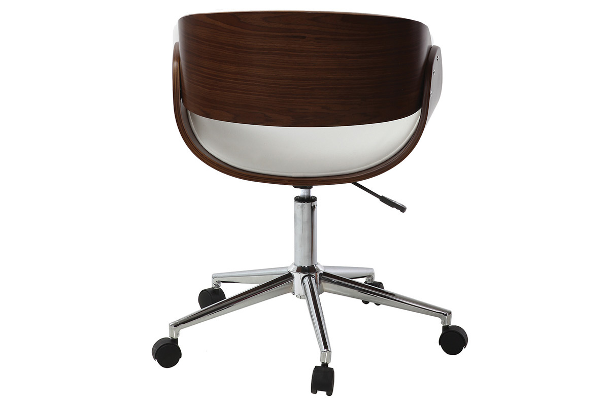 Chaise de bureau � roulettes design blanc, bois fonc� noyer et acier chrom� BENT