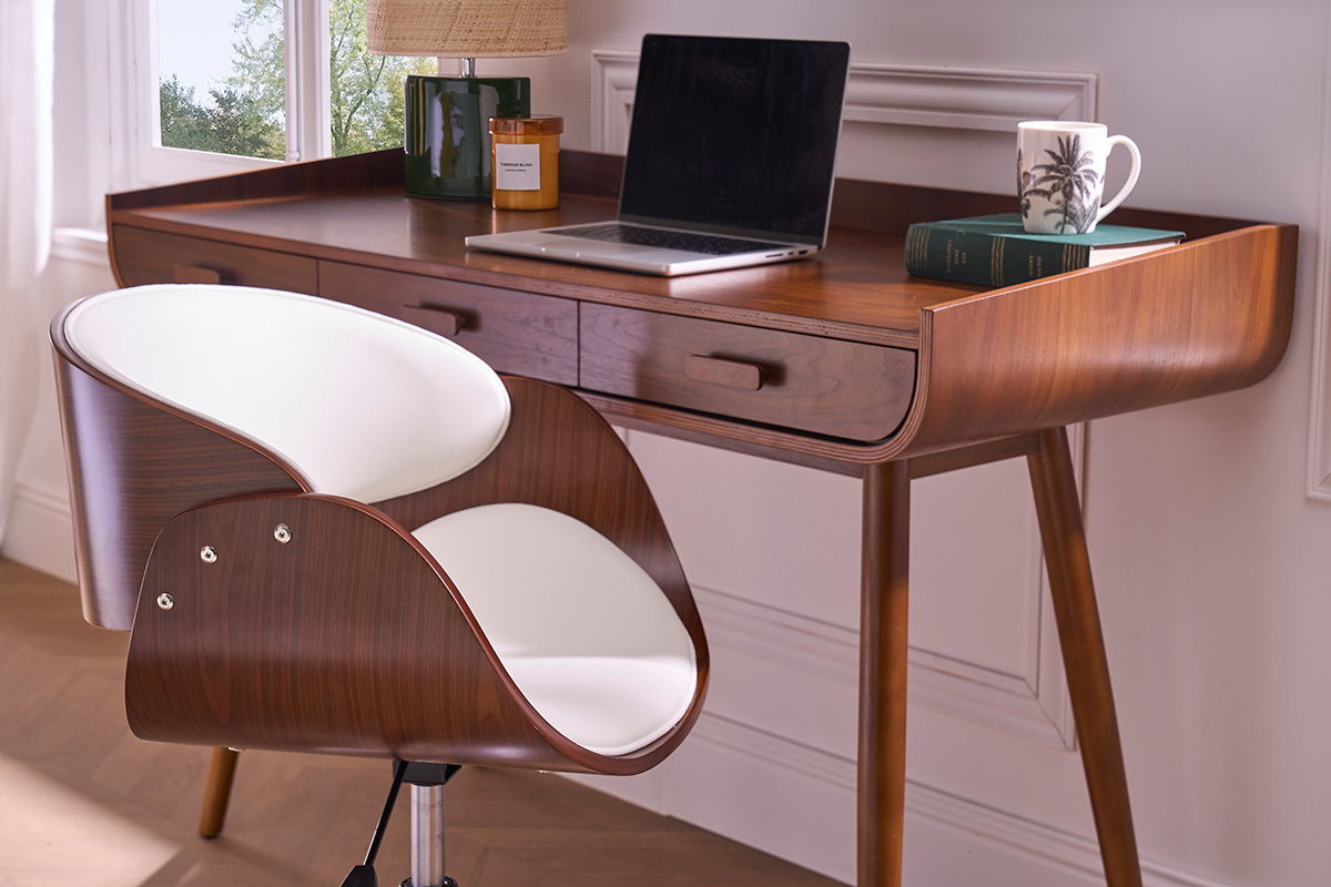 Chaise de bureau � roulettes design blanc, bois fonc� noyer et acier chrom� BENT