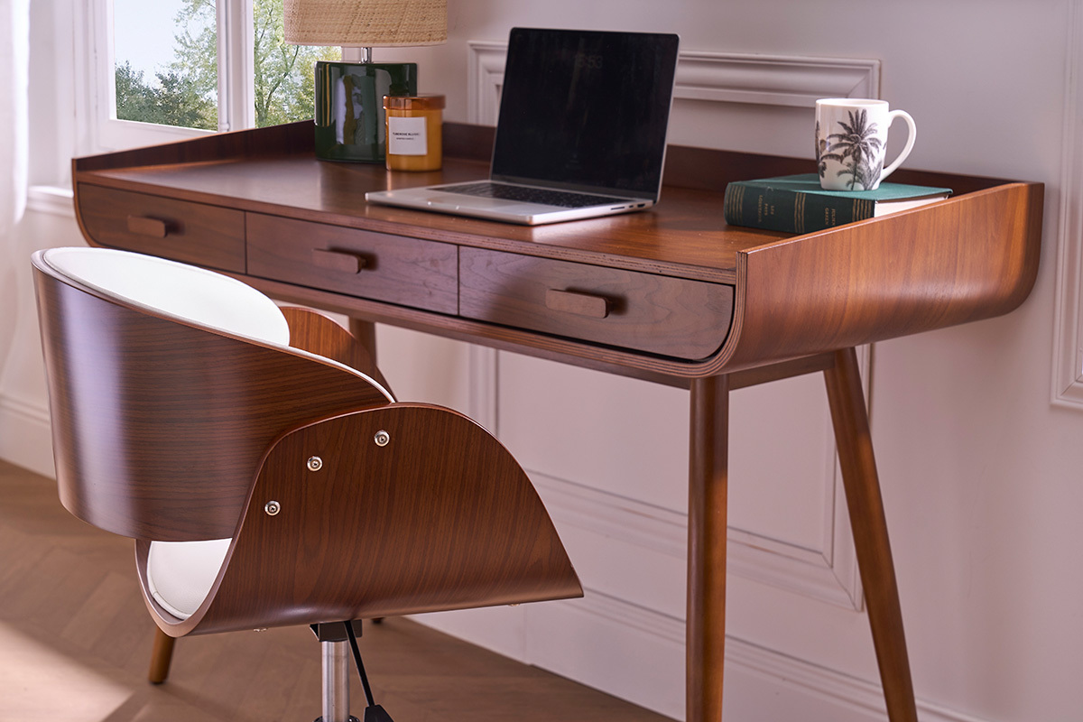 Chaise de bureau � roulettes design blanc, bois fonc� noyer et acier chrom� BENT