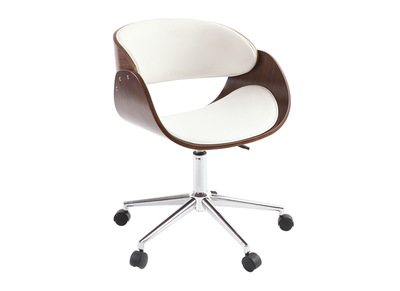 Chaise de bureau &agrave; roulettes design blanc, bois fonc&eacute; noyer et acier chrom&eacute; BENT