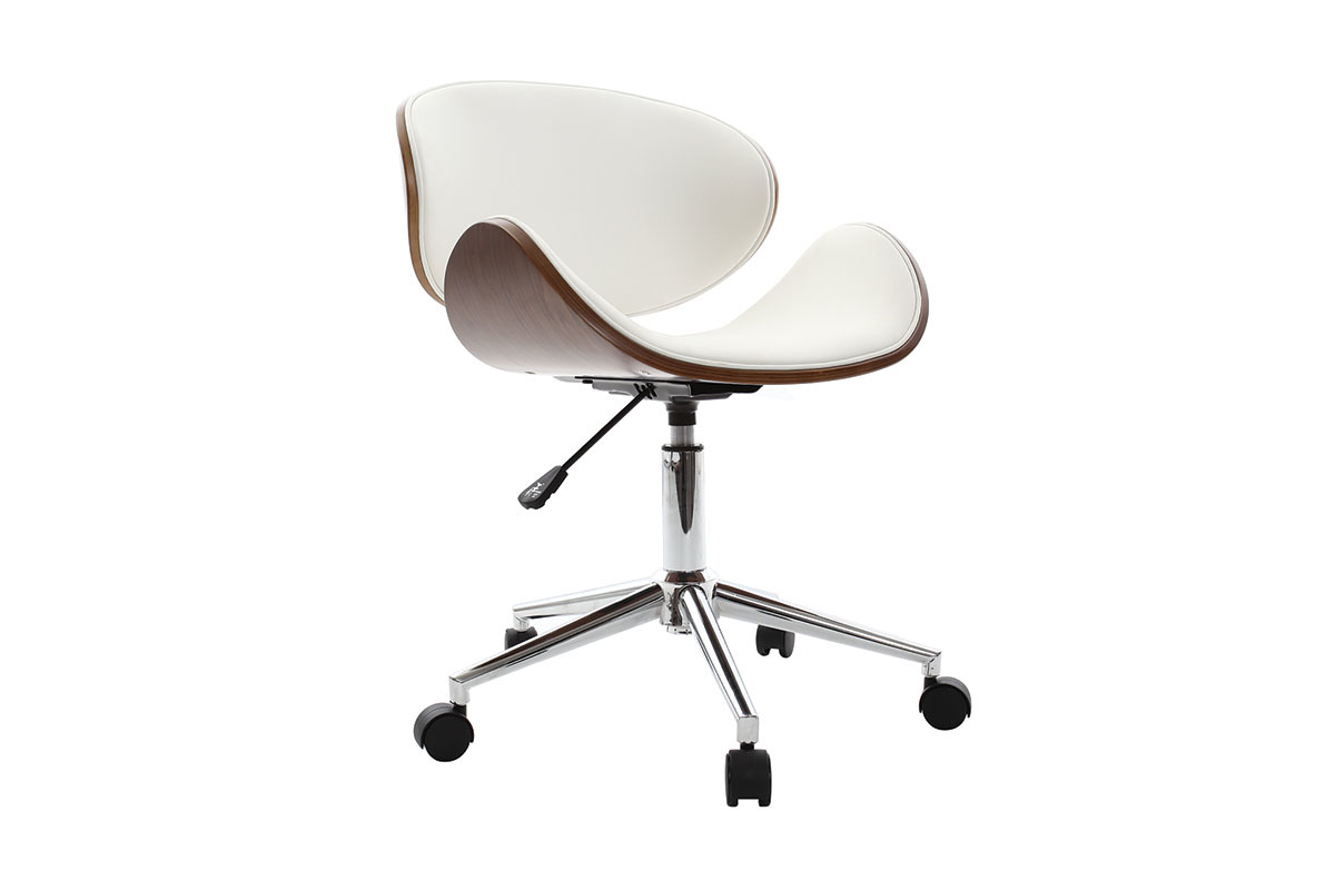 Chaise de bureau design blanc, bois fonc� et acier chrom�, vue de 3/4.