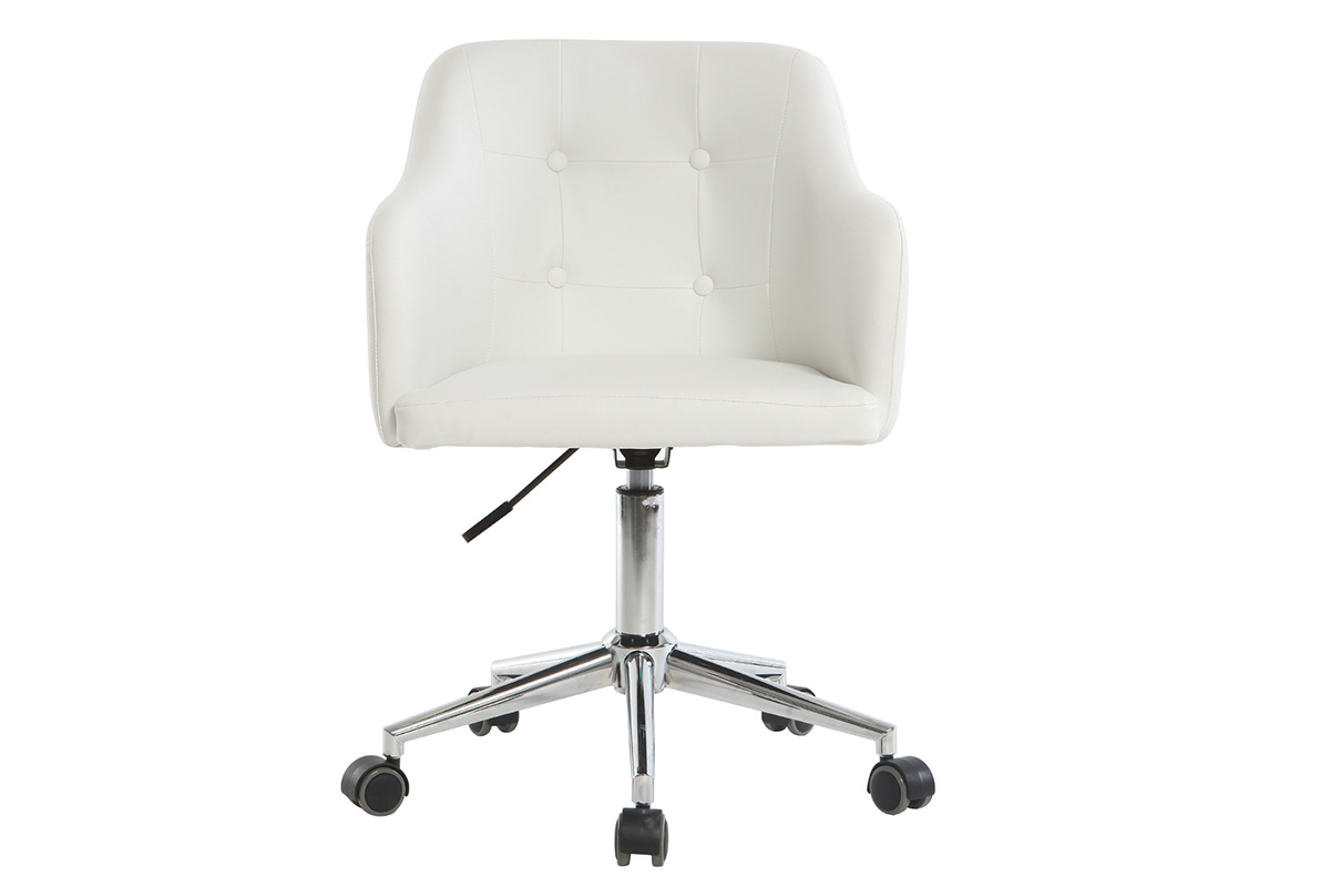 Chaise de bureau blanche Baltik, vue de face, pi�tement chrom� et roulettes.