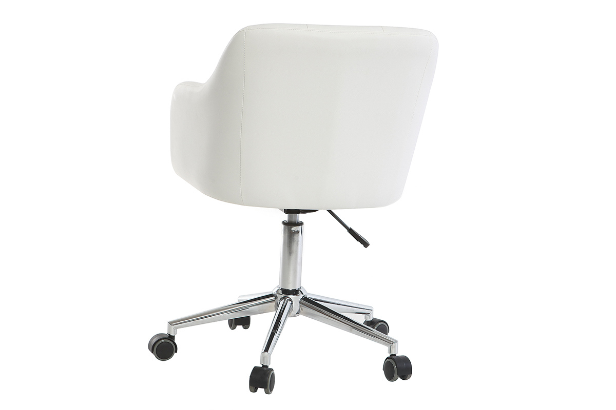 Chaise de bureau blanche vue de dos avec pi�tement chrom� et roulettes.