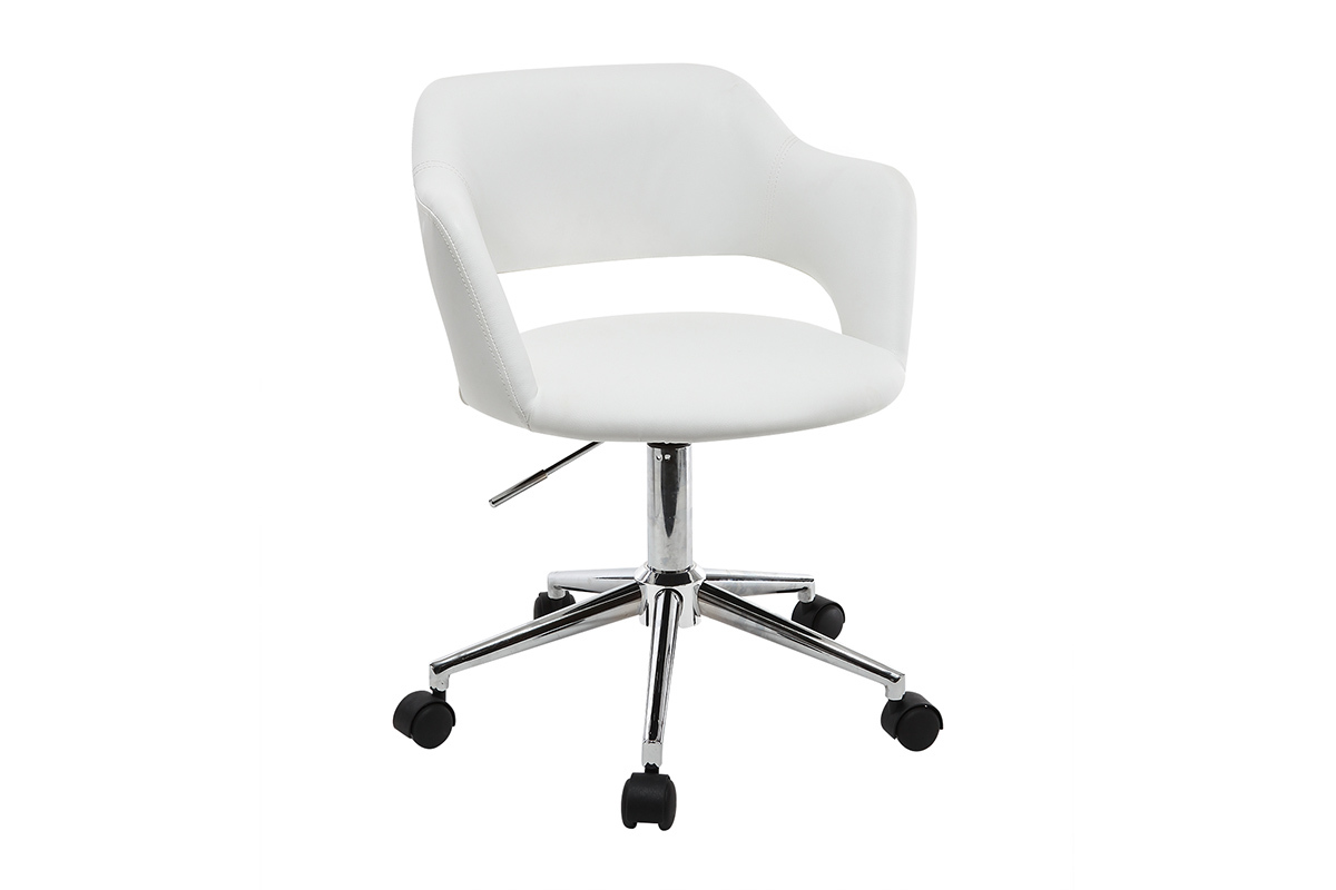 Chaise de bureau � roulettes design blanc et acier chrom� JESSY