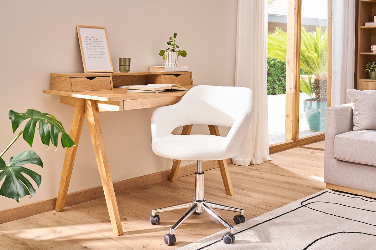 Chaise de bureau � roulettes design blanc et acier chrom� JESSY