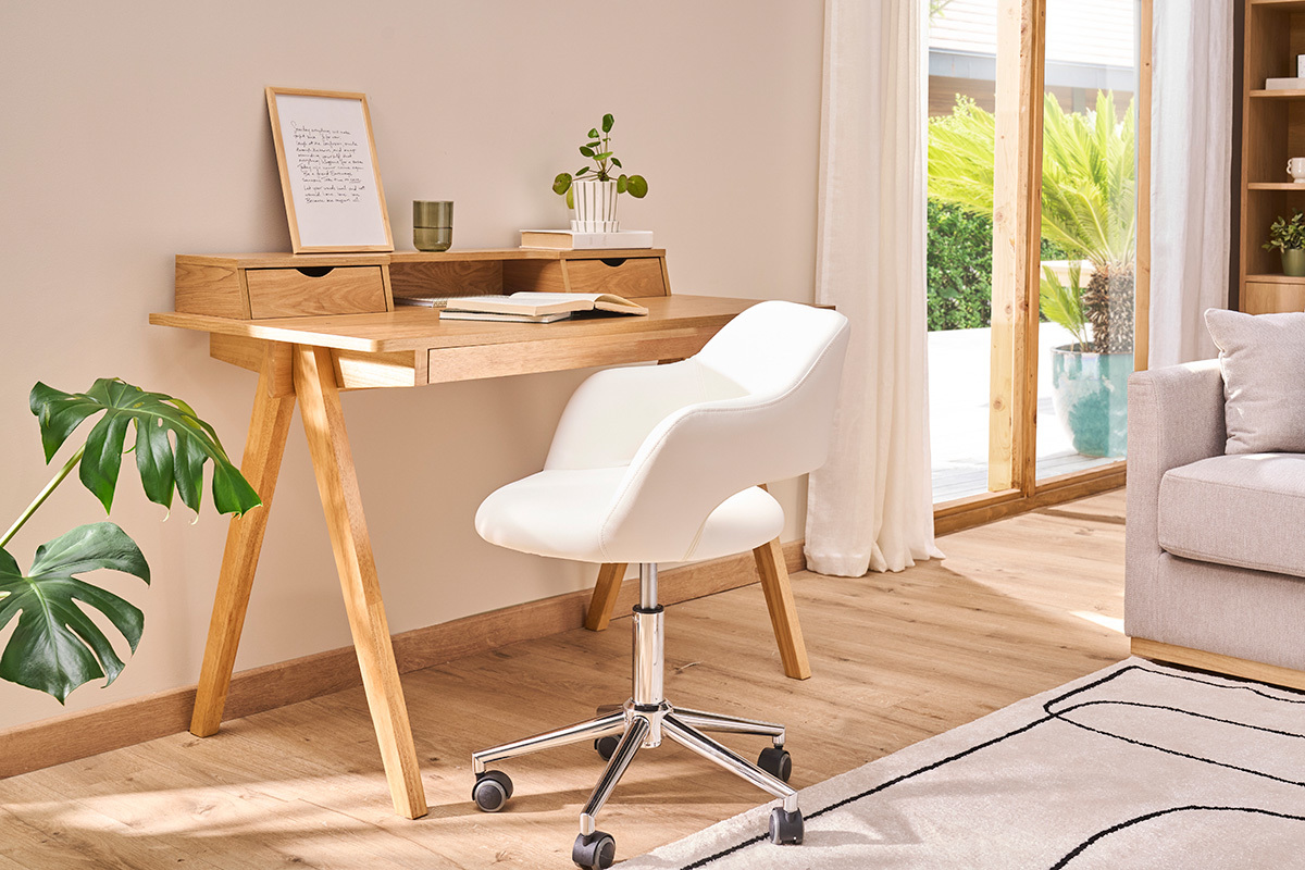 Chaise de bureau � roulettes design blanc et acier chrom� JESSY